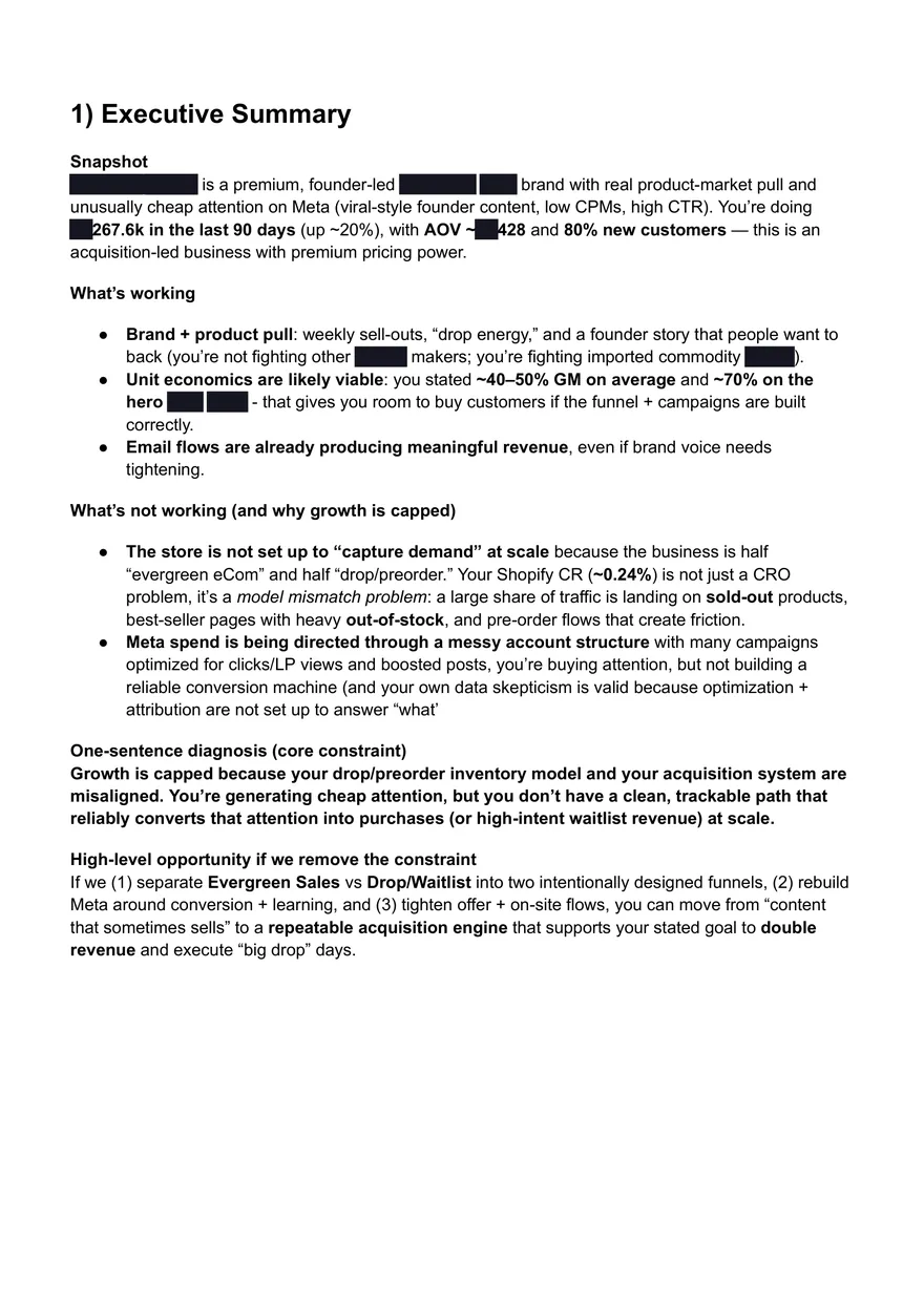 Redacted page from a real Profit Clarity Audit: the executive summary and one-sentence diagnosis