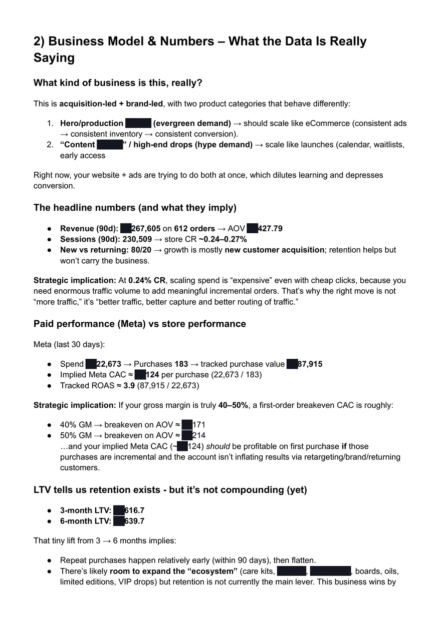 Redacted page from a real Profit Clarity Audit: unit economics, implied CAC, breakeven CAC and 3- and 6-month LTV
