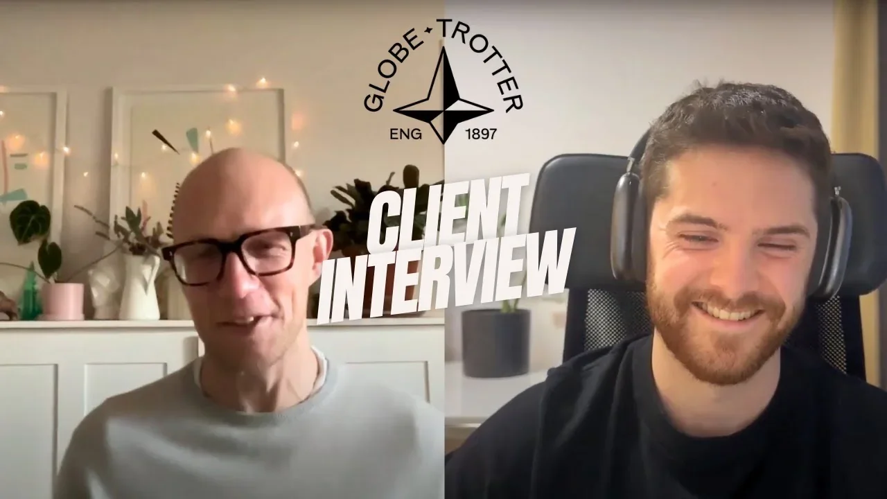 Still from the December 2024 client interview with Ed Walsh, Global Head of Marketing at Globe-Trotter, alongside Andrej Tumachowitsch, with the Globe-Trotter 1897 logo between them.