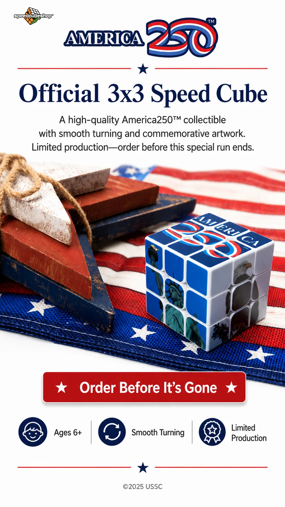 Vertical static ad for the America250 speed cube, May 2026