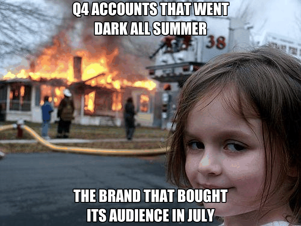 Disaster Girl meme: Q4 accounts that went dark all summer vs the brand that bought its audience in July