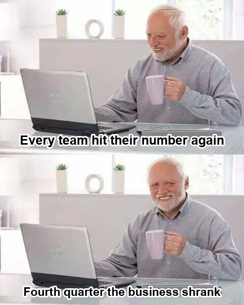 Hide the Pain Harold meme. Top panel: every team hit their number again. Bottom panel: fourth quarter the business shrank.